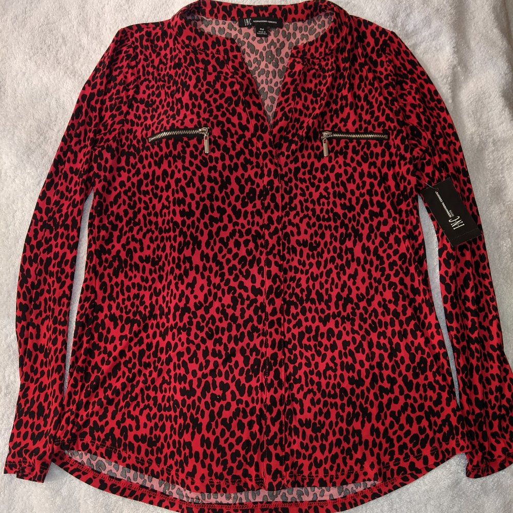 NWT INC Petite Leopard Print Zip-Pocket Blouse - MP